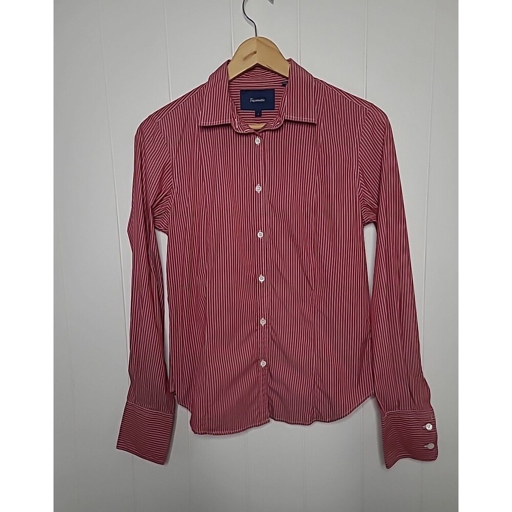 Facconable Womens Red White Striped Shirt Size 4 Long Sleeve Stretch Preppy